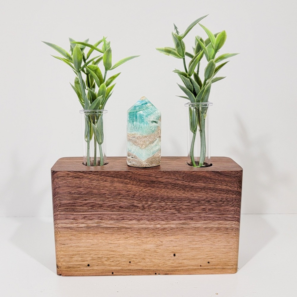 Handmade Two Tone Walnut Wood Propagation Station with Dual Test Tube Vases